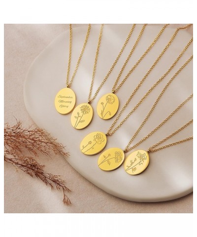 12 Month Birth Flower Necklace, Dainty Minimalist 18K Gold Plated Oval Shape Glossy Finish Floral Jewelry for Her, Happy Birt...