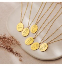 12 Month Birth Flower Necklace, Dainty Minimalist 18K Gold Plated Oval Shape Glossy Finish Floral Jewelry for Her, Happy Birt...