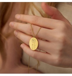 12 Month Birth Flower Necklace, Dainty Minimalist 18K Gold Plated Oval Shape Glossy Finish Floral Jewelry for Her, Happy Birt...