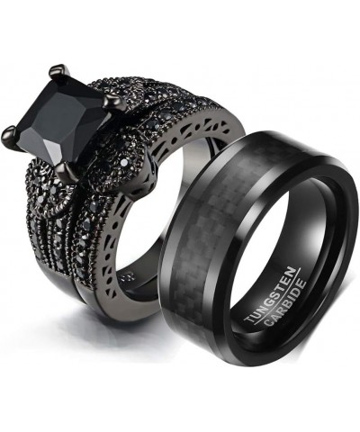 His and Hers Couple Ring Bridal Set His Hers Women Black Gold Filled Square Cz Man Tungsten Carbide Wedding Ring Band Set wom...