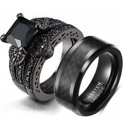 His and Hers Couple Ring Bridal Set His Hers Women Black Gold Filled Square Cz Man Tungsten Carbide Wedding Ring Band Set wom...