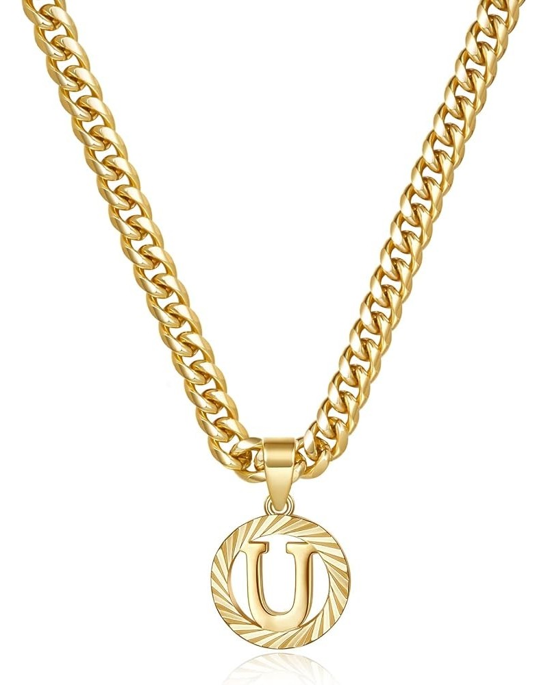 Gold Initial Necklace,14K Gold Plated Round Letter Pendant Hollow Capital Monogram 5mm Cuban Chain Necklace Alhpabets from A-...