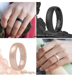 Women Silicone Wedding Bands, Breathable Leaf Cross Pattern Wedding Rings - 55mm Wide Black, Marble C, Light Pink B, Rose Gol...