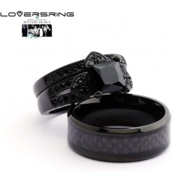 His and Hers Couple Ring Bridal Set His Hers Women Black Gold Filled Square Cz Man Tungsten Carbide Wedding Ring Band Set wom...