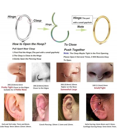 Gold Hinged 20g 18g 16g Nose Rings Hoops 6mm 8mm 10mm 12mm 14mm 16mm Septum Ring Clicker Cartilage Helix Hoop Earrings Set 18...