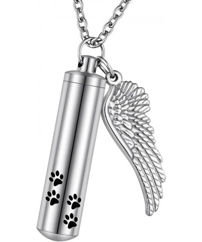 Cylinder Urn Necklace for Ashes Paw Print Cremation Jewelry for Dog and Cat Stainless Steel Memorial Keepsake Pendant with An...