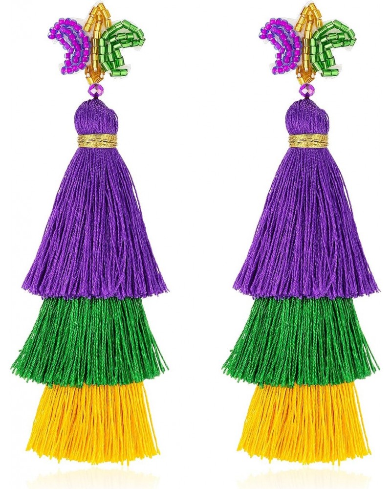 Mardi Gras Tassel Earrings Bling for Women, Mardi Gras Beaded Earrings, Mardi Gras Dangle Drop Earrings, Mardi Gras Cosplay P...