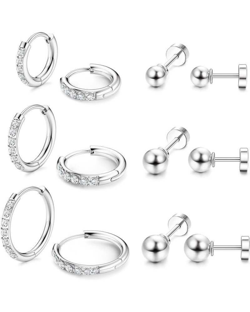 Huggie Hoop Earrings for Women 316L Stainless Steel Small Cubic Zirconia Hoop Earrings Flat Back Tiny Ball CZ Stud Earrings C...