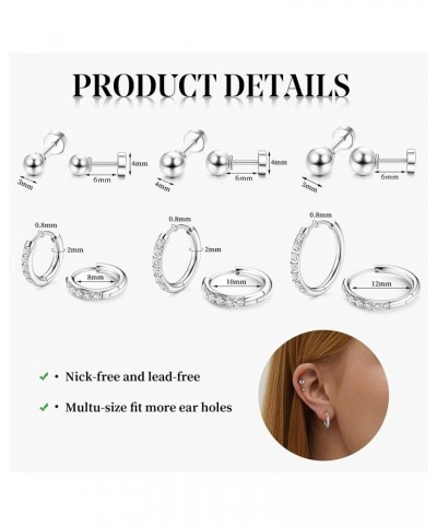 Huggie Hoop Earrings for Women 316L Stainless Steel Small Cubic Zirconia Hoop Earrings Flat Back Tiny Ball CZ Stud Earrings C...