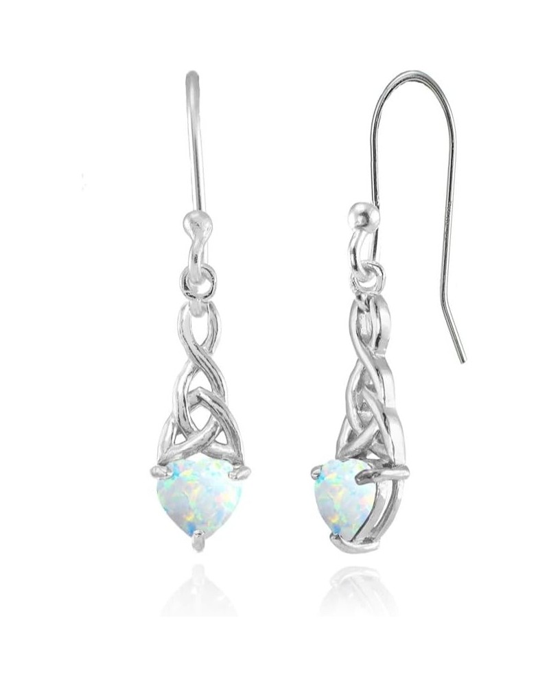 Sterling Silver Genuine, Simulated, or Created Gemstone 6x6mm Dainty Heart Celtic Knot Dangle Earrings Simulated White Opal $...