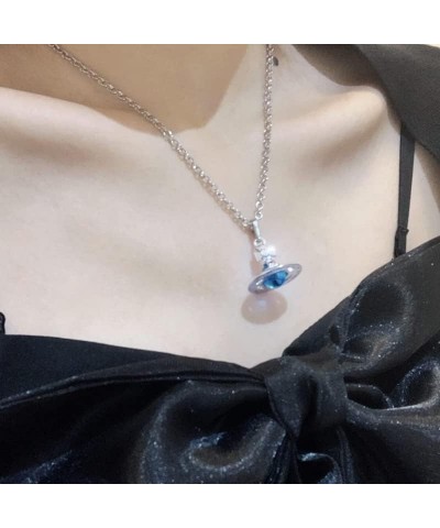 Saturn Necklace for Women Sky Star Saturn Planet Pendant Single Layered Necklaces for Women Blue Quartz Pendant, Silver (2022...