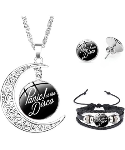 Panic! at The Disco Jewelry Set Woven Leather Bracelet, Glass Dome Crescent Moon Pendant Charm Necklace, Earrings Jewelry Set...