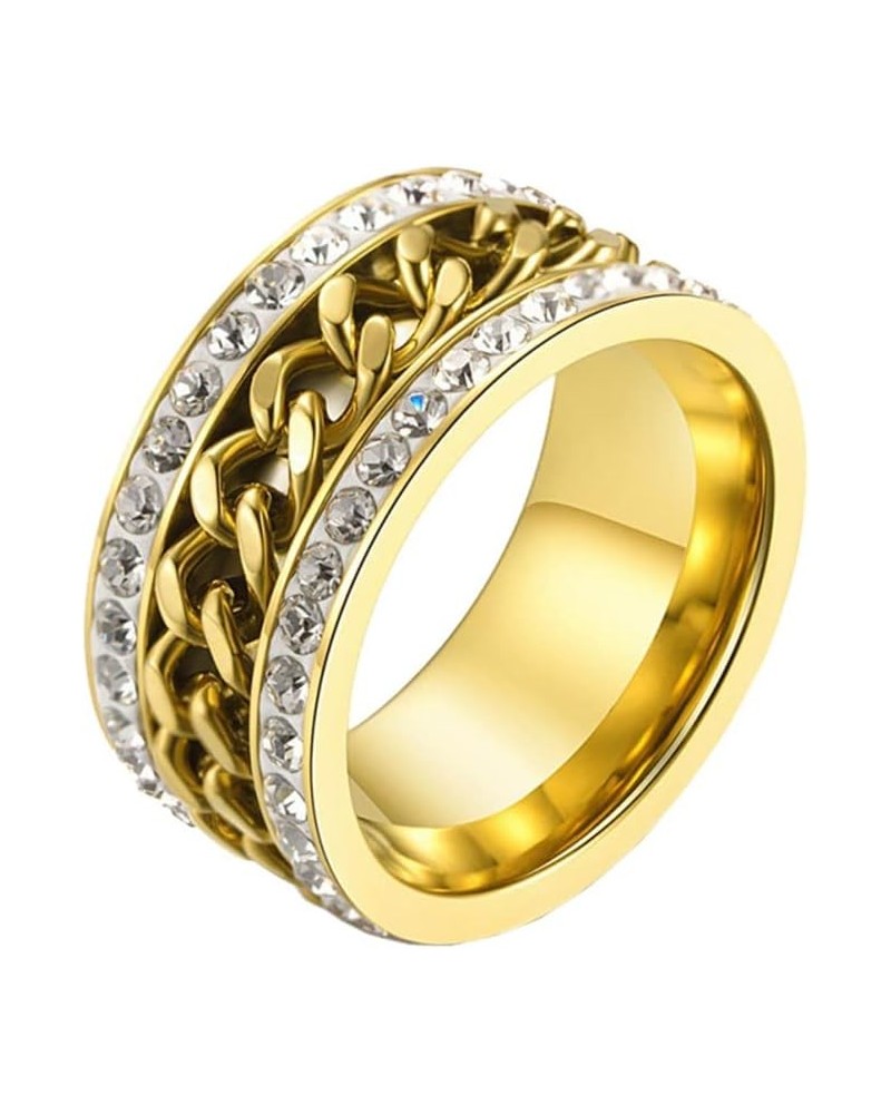 Trendy Stainless Steel Grooved Edge Chain Spinner Rings Biker Band for Men Women Gold Zirconia $7.12 Rings