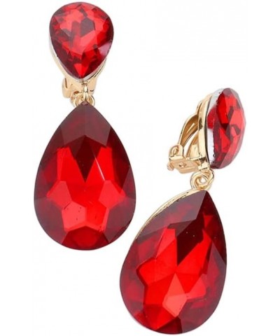 Women's Double Teardrop Statement Glass Crystal Rhinestone Dangle Clip On Bridal Earrings, 2 Red Crystal Gold Tone $11.34 Ear...