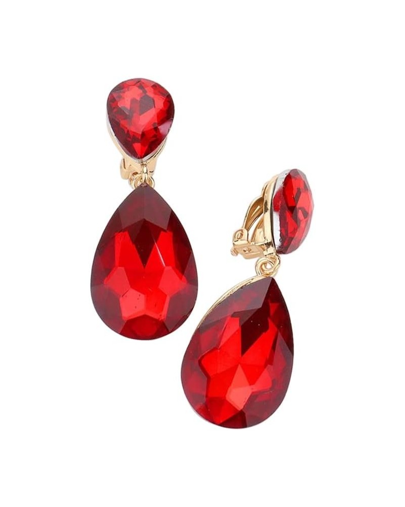 Women's Double Teardrop Statement Glass Crystal Rhinestone Dangle Clip On Bridal Earrings, 2 Red Crystal Gold Tone $11.34 Ear...