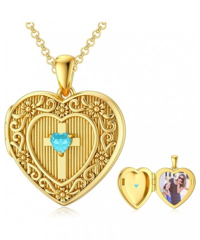 Personalized Gold Birthstone Cross Locket Necklace That Holds 1 Picture Photo Heart Birthstone Locket Gift for Women Men C-Ma...