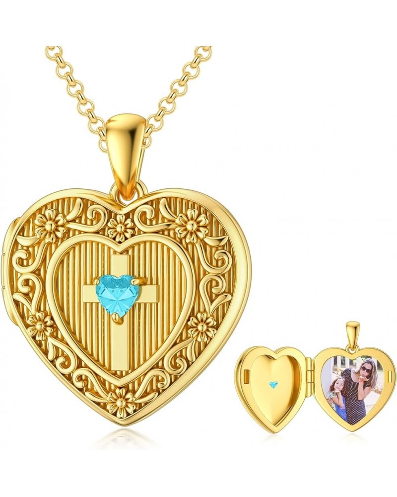 Personalized Gold Birthstone Cross Locket Necklace That Holds 1 Picture Photo Heart Birthstone Locket Gift for Women Men C-Ma...