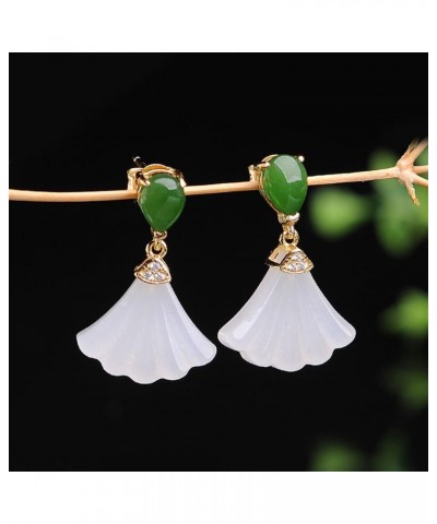 Womens Natural Agate Drop Earrings in Vintage Style,Silver Inlaid Natural Hetian White Jade Fan Earrings Chinese Style Retro ...