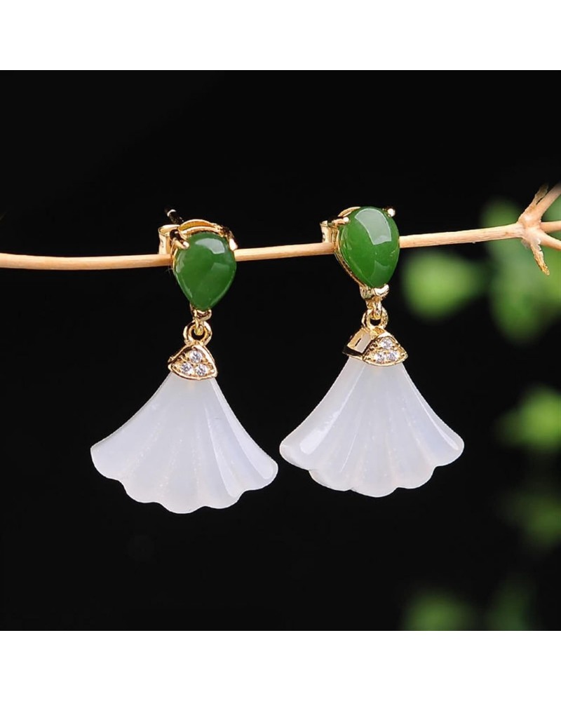 Womens Natural Agate Drop Earrings in Vintage Style,Silver Inlaid Natural Hetian White Jade Fan Earrings Chinese Style Retro ...