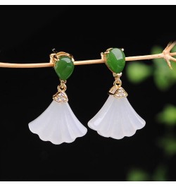 Womens Natural Agate Drop Earrings in Vintage Style,Silver Inlaid Natural Hetian White Jade Fan Earrings Chinese Style Retro ...