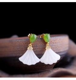 Womens Natural Agate Drop Earrings in Vintage Style,Silver Inlaid Natural Hetian White Jade Fan Earrings Chinese Style Retro ...