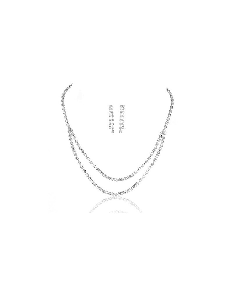 Rhinestone Wedding Jewelry Set Pendent Silver Necklace Earring Set Bridal Necklace Crystal Jewelry Set for Women and Girls (C...