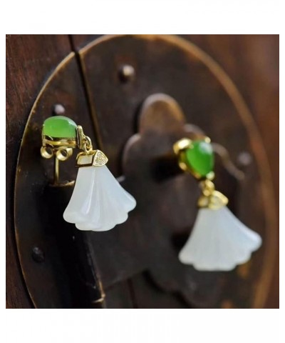 Womens Natural Agate Drop Earrings in Vintage Style,Silver Inlaid Natural Hetian White Jade Fan Earrings Chinese Style Retro ...