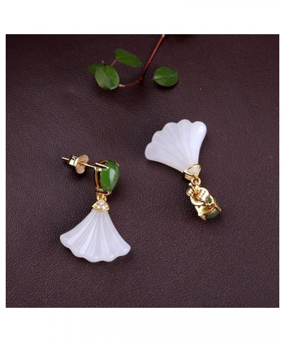 Womens Natural Agate Drop Earrings in Vintage Style,Silver Inlaid Natural Hetian White Jade Fan Earrings Chinese Style Retro ...