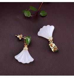 Womens Natural Agate Drop Earrings in Vintage Style,Silver Inlaid Natural Hetian White Jade Fan Earrings Chinese Style Retro ...