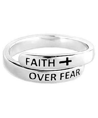 Faith Over Fear Sterling Silver Ring for Women Girls Men Inspirational Ring Cross Wrap Finger Band Open Statement Ring Layere...