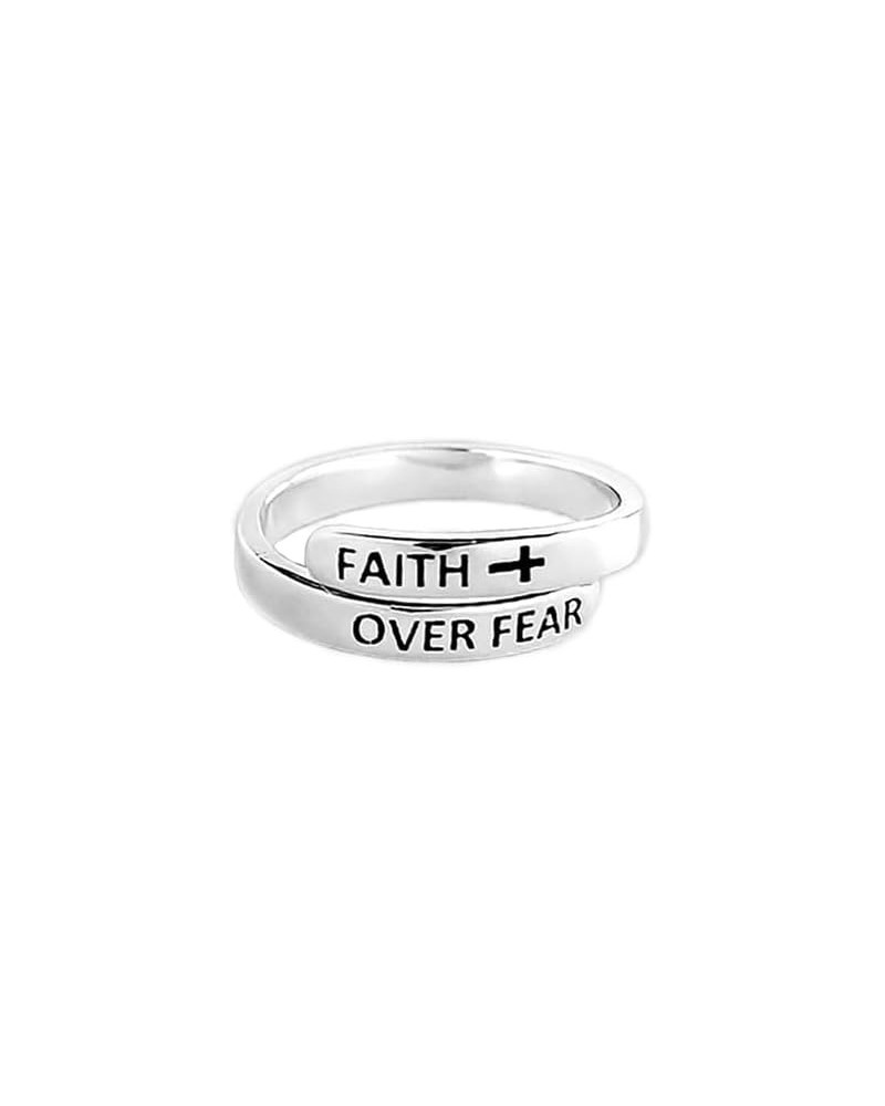 Faith Over Fear Sterling Silver Ring for Women Girls Men Inspirational Ring Cross Wrap Finger Band Open Statement Ring Layere...