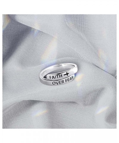 Faith Over Fear Sterling Silver Ring for Women Girls Men Inspirational Ring Cross Wrap Finger Band Open Statement Ring Layere...