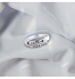 Faith Over Fear Sterling Silver Ring for Women Girls Men Inspirational Ring Cross Wrap Finger Band Open Statement Ring Layere...