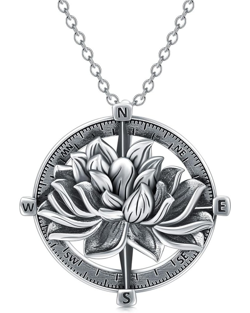 Christmas Gifts Compass Necklace for Women Girl Sterling Silver Lotus Necklace Crystal Necklace Inspirational Gifts for Gradu...