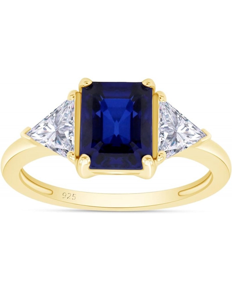 14k Gold Plated 925 Sterling Silver Emerald Cut Blue Sapphire With Trillion White Topaz Ring for Women Statement Jewelry Gift...