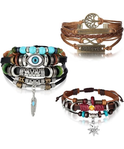 3 Pieces Multilayer Woven Leather Bracelets Western Bracelets Gifts for Women Beaded Bohemia Bracelet Evil Eye Boho Handmade ...