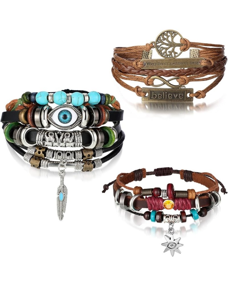 3 Pieces Multilayer Woven Leather Bracelets Western Bracelets Gifts for Women Beaded Bohemia Bracelet Evil Eye Boho Handmade ...