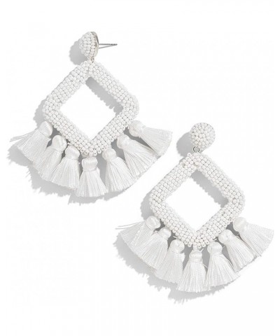 Long Tassel Earrings Statement Bohemian Pom Ball Handmade Drop Dangle Earrings for Women Girls S-white $4.76 Earrings