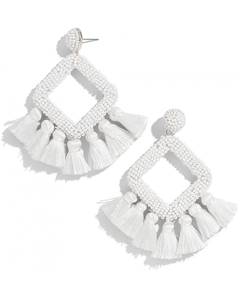 Long Tassel Earrings Statement Bohemian Pom Ball Handmade Drop Dangle Earrings for Women Girls S-white $4.76 Earrings