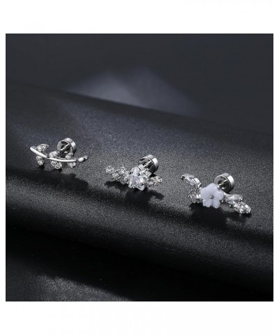 3PCS 16G 925 Sterling Silver Post Cartilage Earrings for Women 18K White Gold Hypoallergenic Flat Back Earrings Opal CZ Stud ...