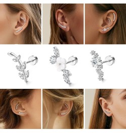 3PCS 16G 925 Sterling Silver Post Cartilage Earrings for Women 18K White Gold Hypoallergenic Flat Back Earrings Opal CZ Stud ...