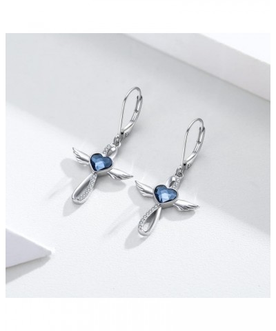 Lever Earrings 925 Sterling Silver Birthstone Angel Wings Cross Earrings Crystal Jewelry Birthday Gifts for Women Girls 3-Ang...