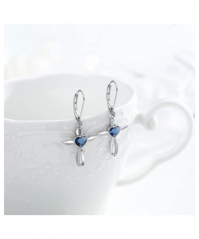 Lever Earrings 925 Sterling Silver Birthstone Angel Wings Cross Earrings Crystal Jewelry Birthday Gifts for Women Girls 3-Ang...