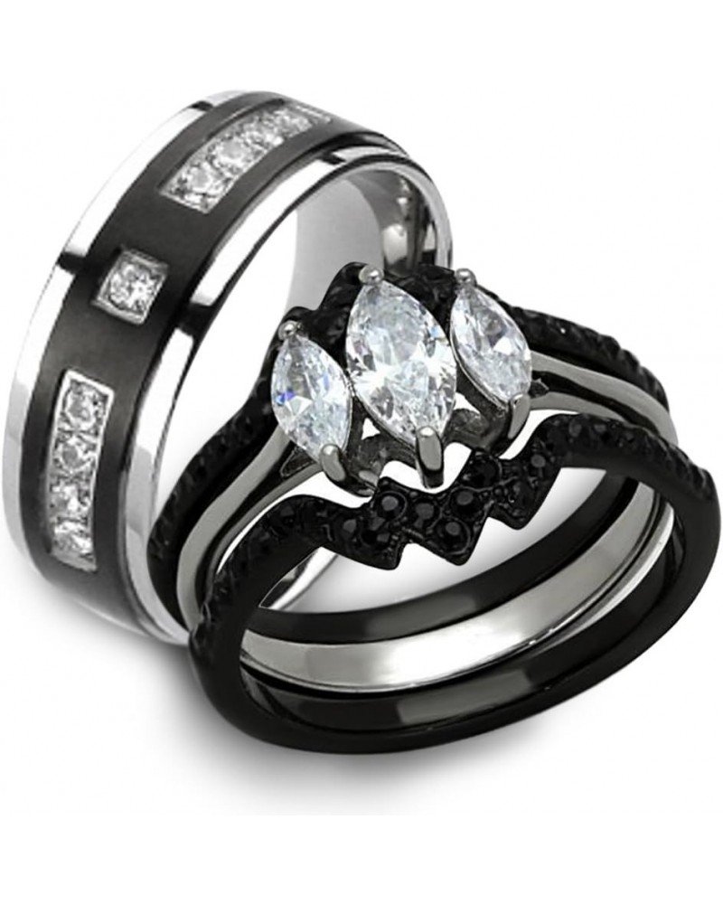 His and Her 4 Piece Black and Silver Stainless Steel and Titanium Wedding Ring Band Set Size Women's 10 Men's 08 $27.42 Sets