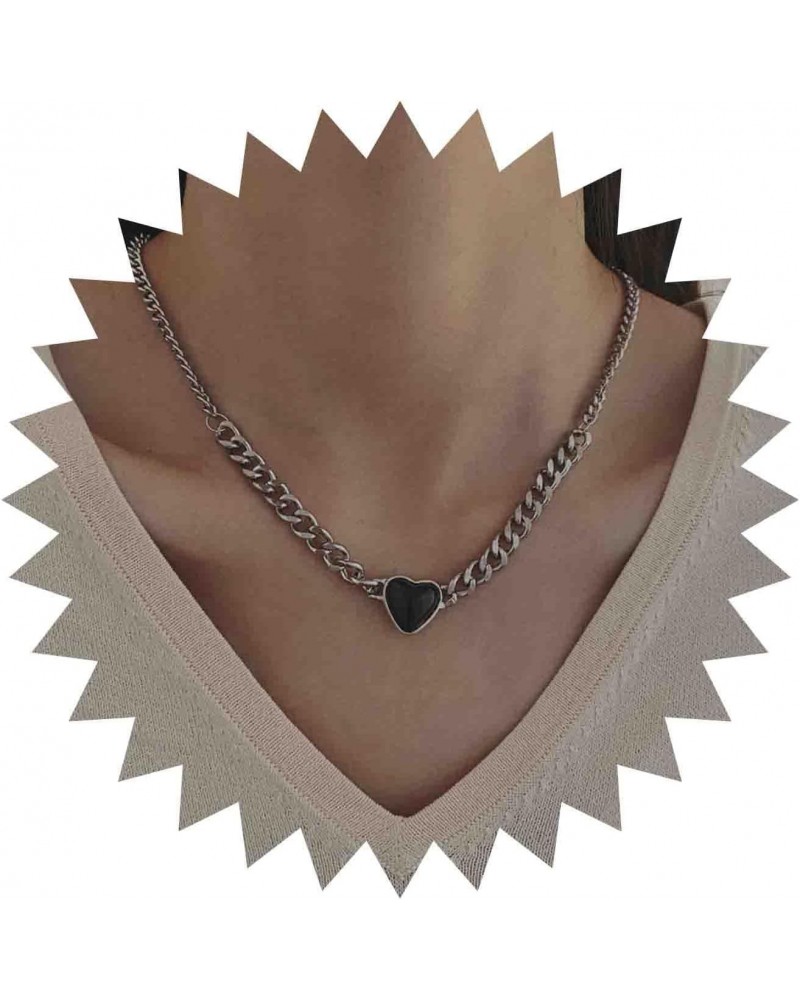 Boho Onyx Heart Pendant Necklace Black Heart Choker Necklace Onyx Love Heart Necklace Gemstone Heart Collar Necklace Silver C...