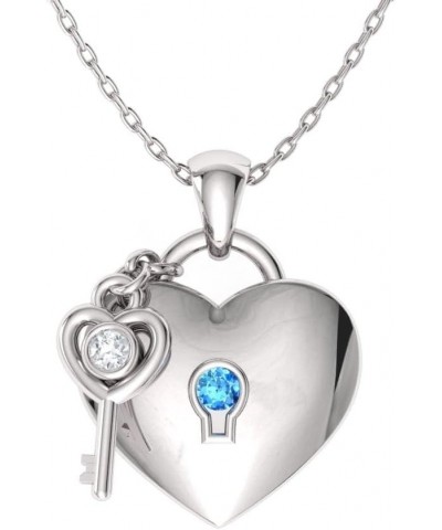 Natural and Certified Gemstone and Diamond Love Lock and Key Heart Necklace in 14k White Gold |0.02 Carat Pendant with Chain ...