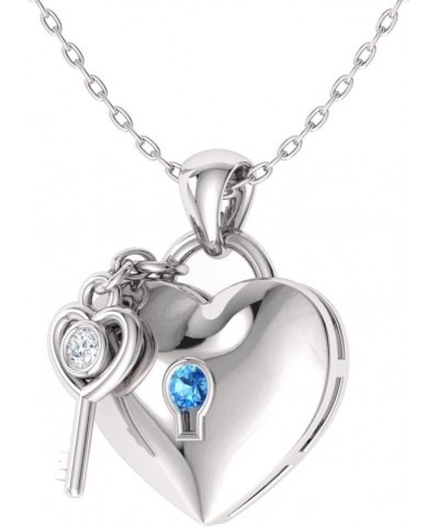 Natural and Certified Gemstone and Diamond Love Lock and Key Heart Necklace in 14k White Gold |0.02 Carat Pendant with Chain ...