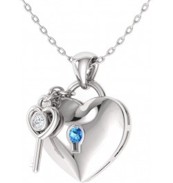 Natural and Certified Gemstone and Diamond Love Lock and Key Heart Necklace in 14k White Gold |0.02 Carat Pendant with Chain ...