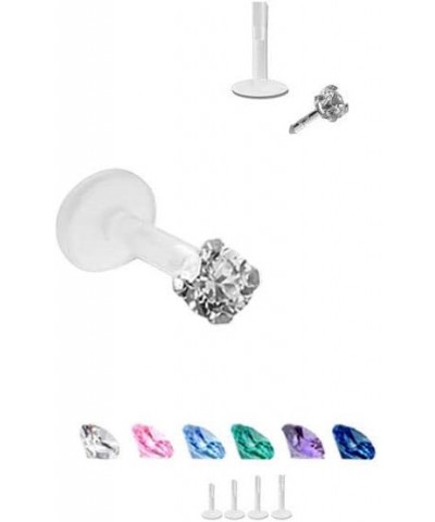 925 Sterling Silver Labret Nose Ring Stud Bioflex Post 3/16, 1/4, 9/32, 5/16, 3/8 2.5mm CZ 16G or 18G 18G - Pink - 1/4" Labre...