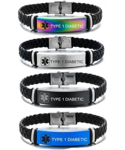 4 Packs Personalized Medical Alert Bracelets for Women Men,Braided Leather Custom Medical ID Bracelets,Free Engraving Sport E...